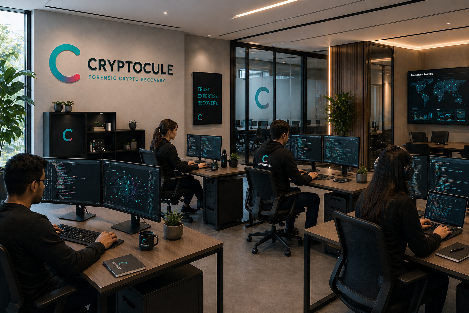 Cryptocule analysts at forensic workstations