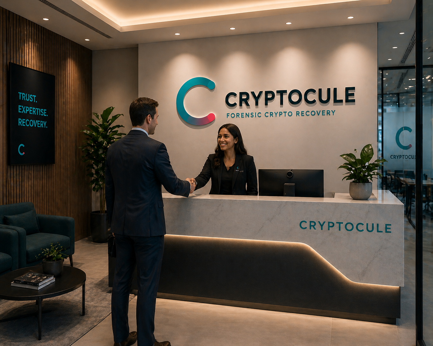 A Cryptocule analyst welcoming a new claimant at our Oceanside reception